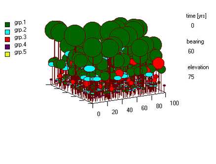 Animation of the forest model FORMIX3. Trees are colored according to their functional group.